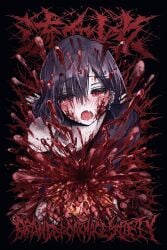 black_background black_nails blood blood_on_face blood_on_neck blood_splatter blush commentary_request crying crying_with_eyes_open dot_nose earrings entrails female gorezono_neo_(yu-ki_iwata) guro hair_between_eyes hair_ornament hairclip highres intestines jewelry medium_hair metal_band_text multiple_earrings organs original parallel_hairclips purple_hair purple_shirt red_eyes shirt stud_piercings tears wavy_mouth yu-ki_iwata