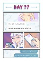 bangs blue_eyes cellphone comic eyebrows_visible_through_hair female holding holding_phone phone smartphone white_hair
