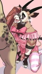 absurd_res antelope anthro big_penis bodily_fluids bottomwear bovid clothed clothing crossdressing cum cum_on_chest cum_on_face dancewear dominant dominant_anthro dominant_male duo ejaculation faceless_anthro faceless_character faceless_male femboy genital_fluids genitals grazing_antelope hi_res huge_cock humanoid_genitalia humanoid_penis kneeling legwear male male/male mammal nipple_piercing nipples nude_anthro nude_male open_mouth oryx pattern_clothing pattern_legwear pattern_stockings pecs penis penis_on_face piercing pink_background pink_clothing simple_background skirt stockings striped_clothing striped_legwear striped_stockings stripes submissive submissive_anthro submissive_male thick_penis tutu vein veiny_penis vrobei
