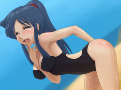 akita_shoten beach black_hair chizuru_aizawa day drooling masturbation naughty_face one-piece_swimsuit outdoors ponytail public purple_eyes pussy_juice sea shinryaku!_ikamusume sweat swimsuit tied_hair tongue tongue_out tsepesi