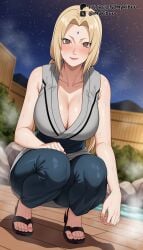ai_generated bare_arms bare_shoulders black_sash blonde_hair blush boruto:naruto_next_generations breasts brown_eyes cleavage closed_mouth collarbone facial_mark feet female fence forehead_mark full_body grey_kimono hand_on_own_thigh japanese_clothes kimono large_breasts lips long_hair looking_at_viewer low_twintails mature_female mykibuu nail_polish naruto naruto(series) naruto_(series) night night_sky obi onsen outdoors pants pink_lips pink_nails sandals sash short_eyebrows sky sleeveless smile solo squatting star_(sky) starry_sky steam sweat toenail_polish toenails toes tsunade tsunade_(naruto) twintails water