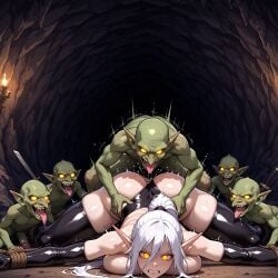 ai_assisted ai_generated big_breasts bigger_female black_latex boots breasts captured cave cleavage defiant doggy_style dominated_female elf female gangbang gloves goblin groping_breasts horde large_breasts latex leotard long_hair male masturbating masturbating_while_watching phaelyn(oc) pinned_down ponytail precum_drip pussy rape raped ripped_clothing sex sex_from_behind smaller_male stable_diffusion stalker sweat taken_from_behind tied_up vaginal_penetration white_hair
