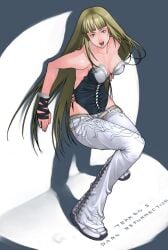 blue_eyes boots breasts female long_hair medium_breasts open_mouth pants solo