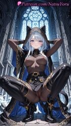 1girls 2025 ai_generated animal_ears animal_hood arms_behind_head bangs belt black_footwear black_skirt blue_eyes bodystocking boots breasts cameltoe cat_ears cat_tail cipher_(honkai:_star_rail) cloak closed_mouth female hi_res high_heels highres honkai:_star_rail honkai_(series) hood hoyoverse large_breasts long_hair looking_at_viewer medium_breasts miniskirt natsuyoru nipples patreon pussy see-through skirt smile solo squatting tail thigh_boots thighhighs vagina voluptuous voluptuous_female