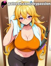 1girls 2025 ahoge ai ai_assisted ai_generated anime artist_name big_breasts big_breasts big_breasts big_chest black_pants blonde_hair blush bra breast breasts breasts breasts bust busty chest cleavage clothed_female collarbone door doorway drying female_focus female_only hair_between_eyes hi_res high_quality high_resolution highres indoors large_breasts long_hair looking_at_viewer mechanical_arm navel orange_bra orange_sports_bra patreon patreon_username purple_eyes rwby skypassion smile solo sports_bra stable_diffusion steaming_body sweat tank_top towel towel_around_neck watermark yang_xiao_long
