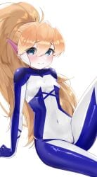 absurdres biometal blonde_hair blue_eyes bodystocking breasts cameltoe ciel_(mega_man) commission commissioner_upload covered_navel covered_nipples eyelashes fauron714 female highres leaning_back light_blush light_smile long_bangs long_hair looking_at_viewer mechanical_ears mega_man mega_man_(series) mega_man_zero mega_man_zero_(series) mega_man_zx model_z_(mega_man) no_armor no_headwear non-web_source petite ponytail sitting small_breasts thighs transparent_background