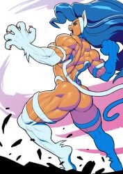ass ass_focus blue_hair breasts cat_ears catgirl darkstalkers felicia_(darkstalkers) female green_eyes large_breasts muscular muscular_female pokkuti tail thick_thighs
