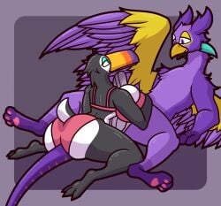 absurd_res anthro ass avian beak big_beak big_breasts big_butt big_penis big_wings bird black_body black_feathers boxers_(clothing) bra breasts bulge clothing clothing_bulge countershade_tail countershade_torso countershading erection erection_under_clothing eye_contact eyeshadow feathers female genitals gold_eyeshadow grey_boxers grey_clothing grey_underwear grinding_on_tail gryphon hi_res ikakins kestrel_(ichlamogeneralhukari) looking_at_another lying makeup male male/female multicolored_body mythological_avian mythological_creature mythology on_back panties pawpads paws penis pink_bra pink_clothing pink_panties pink_pawpads pink_underwear purple_body purple_eyes purple_feathers silver_eyeshadow sitting_on_tail tail teal_eyes teal_eyeshadow tenting thick_thighs titfuck_over_clothes toucan two_tone_body two_tone_tail underwear white_body white_sclera wings yellow_beak yellow_body yellow_feathers