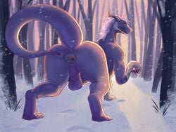 anthro anus ass backsack balls beard big_anus big_butt deeroni dragon facial_hair fur genitals hair hi_res horn looking_at_viewer looking_back looking_back_at_viewer male mythological_creature mythological_scalie mythology nature perineum plant prehensile_tail presenting presenting_hindquarters purple_balls purple_body purple_horn purple_scales quadruped scales scalie seductive snow snowing solo sunset tail thick_tail tree white_body white_fur white_hair wingless_dragon winter