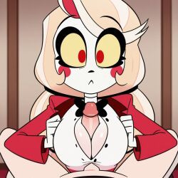 accurate_art_style ai_generated amazon_prime blonde_hair breasts charlie_morningstar_(hazbin_hotel) civitai clothed demon demon_girl female hazbin_hotel human male male/female outercourse paizumaster69 paizuri penis penis_between_breasts red_suit titjob vivienne_medrano youtube