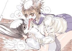 2girls asui_tsuyu blue_sailor_collar boku_no_hero_academia english_text female female_focus female_only french_kiss himiko_toga kissing long_tongue my_hero_academia school_uniform skirt sound_effects speech_bubble toga_himiko tongue tongue_out tsuyu_asui u.a._school_uniform yellow_eyes