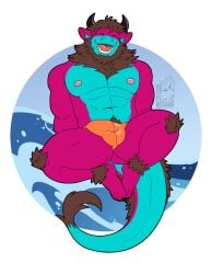 absurd_res ankle_tuft axel_(lazydergenboi) bulge closed_eyes clothing dragon eastern_dragon felid fur furred_dragon furred_scalie happy hi_res horn hybrid knee_tuft leg_tuft lion male mammal muscular muscular_male mythological_creature mythological_scalie mythology nelldemon pantherine scalie solo speedo swimwear tail tuft