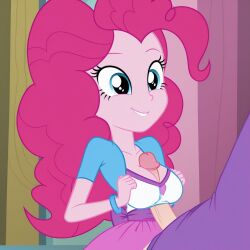 accurate_art_style ai_generated blue_eyes breasts clothed clothed_paizuri equestria_girls my_little_pony paizuri penis_between_breasts pink_hair pink_skin pinkie_pie_(eg) pinkie_pie_(mlp)