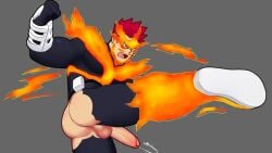 1boy anime boku_no_hero_academia clothed cum endeavor_(my_hero_academia) enji_todoroki fire flame grey_background male male_only muscular muscular_male my_hero_academia penis pose simple_background superhero