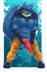 2025 abs abstract_background animal_genitalia animal_penis anthro ayetae-plum balls bedroom_eyes biceps big_balls big_muscles big_penis biped black_body black_fur blue_background blue_balls blue_body blue_ears blue_fur blue_hair blue_tail blush bodily_fluids bottomwear bottomwear_pull canid canine canine_genitalia canine_penis chest_tuft clothed clothing clothing_pull colored digital_media_(artwork) dripping erection facial_markings fluffy fluffy_tail front_view full-length_portrait fur generation_4_pokemon genital_fluids genitals gloves_(marking) grin hair hair_over_eye head_markings hi_res humanoid_hands knot looking_at_viewer male male_anthro mammal markings mask_(marking) monotone_hair monotone_tail multicolored_body multicolored_fur muscles muscular muscular_anthro muscular_male narrowed_eyes navel nintendo orange_bottomwear orange_clothing orange_eyes orange_pants pants pants_pull partially_clothed pecs penis pokemon pokemon_(species) pokemorph portrait precum precum_drip precum_string presenting presenting_balls presenting_penis pupils red_penis riolu seductive shaded short_hair simple_background smile solo standing sweat tail taylor_(ayetae-plum) topless topless_anthro topless_male tuft two_tone_body two_tone_fur vein veiny_penis