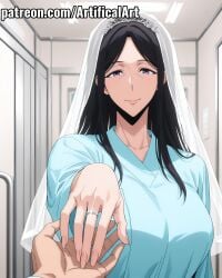 1girls ai_generated artifical_art black_hair eye_bags hospital hospital_gown light-skinned_female light_skin long_hair mature mature_female milf mommy mother park_kyung_hye perfect_body purple_eyes solo_leveling