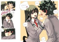 ! 10s 1boy 1girls archvermin asui_tsuyu black_hair blush boku_no_hero_academia comic couple ear_blush french_kiss hair_rings hands_on_shoulders heart heavy_breathing hi_res highres izuku_midoriya kissing long_hair long_tongue low-tied_long_hair midoriya_izuku my_hero_academia school_uniform spoken_heart straight straight surprised tongue tongue_out tsuyu_asui u.a._school_uniform