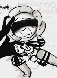 begging blindfold bondage clitoral_stimulation crawliewalie crying dandy's_world dandy_(dandy's_world) humbled multiple_vibrators overstimulation shushing size_difference spread_legs text vibrator