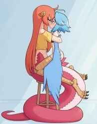 2girls ahoge animal_penis bird_legs black_tube_top blue_feathers blue_hair blue_wings blush breasts commentary digitigrade feathered_wings feathers female futa_with_female futanari hair_ornament hairclip harpy highres intersex kissing lamia large_breasts liveactors long_hair miia_(monster_musume) monster_girl monster_musume_no_iru_nichijou multiple_girls naga papi_(monster_musume) penis pointy_ears precum red_hair red_scales scales shirt short_hair snake_penis stool strapless tail talons tube_top uncensored very_long_hair winged_arms wings yellow_eyes yellow_shirt