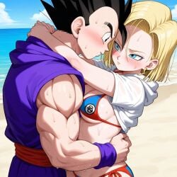 1boy ai_generated android_18 beach bikini black_hair blonde_hair blush clothed couple day dragon_ball_z female hug kiriosn4x male no_sex sensual sexy son_gohan
