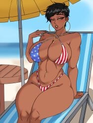 1female 1girls american_flag american_flag_bikini ass beach big_breasts bikini bikini_bottom bikini_top black_hair blush breasts curvaceous curvy curvy_female curvy_figure dark-skinned_female dark_hair dark_skin demon_dog earrings hoop_earrings jewelry large_breasts makeup navel navel_piercing piercing piercings pixie_cut sea seaside seated short_hair solo solo_female solo_focus table tan_skin thick thick_ass thick_legs thick_thighs thighs thong tomoe_tsukishima(demon_dog) wide_hips yellow_eyes