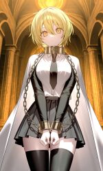 ai_generated black_skirt black_thighhighs blonde_hair blonde_hair_female chains cuffs don_quixote_(limbus_company) female floatsboat index_don_quixote limbus_company looking_at_viewer project_moon short_hair solo thighhighs white_shirt yellow_eyes