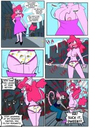 absurd_res american_opossum anthro ass assisted_exposure birbpan blush bottomwear bottomwear_down breasts canid canine canis clothed clothing comic dialogue domestic_dog evelyn_(birbpan) female hi_res humiliation mammal marsupial nude panties pants pants_down pantsing partially_clothed poodle public public_humiliation public_nudity speech_bubble underwear underwear_only violet_(birbpan) wardrobe_malfunction