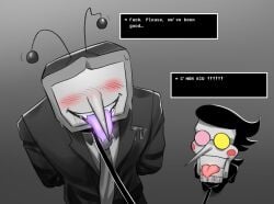 2boys antennae black_hair blush blush blush_lines clothed clothed_male deltarune deltarune_chapter_3 fangs glasses hand_behind_back hand_tied male/male pointy_nose robot robot_humanoid sitting sitting_down sitting_on_floor smile spamton_g_spamton suit tenna_(deltarune) tie tied tied_up tongue tongue_out tv tv_head