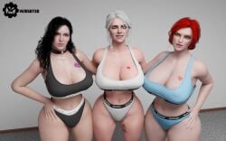 3d 3girls big_breasts black_hair bleached breasts cd_projekt_red ciri curvy_female female freckles green_eyes light-skinned_female looking_at_viewer mascara necklace panties purple_eyes queen_of_hearts red_hair scar smiling tattoo the_witcher_(series) the_witcher_3:_wild_hunt triss_merigold underwear vemsky3d white_hair wide_hips yennefer