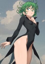 1girls black_dress breasts cloud colorized dress female gaston18 green_eyes green_hair groin highres long_sleeves looking_to_the_side murata_yuusuke no_panties one-punch_man open_mouth outdoors skin_tight sky small_breasts solo tatsumaki thighs wavy_hair