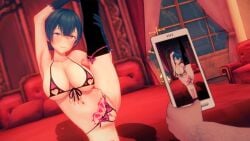 1boy 1girls 3d 3d_(artwork) akira_brave777 areolae arm_up armpits belly_button black_hair breasts cutout dark-skinned_male dark_skin female female_focus gloves heart_cutout idolmaster idolmaster_shiny_colors leg_up light-skinned_male light_skin lingerie male morino_rinze navel nipple_cutout nipples one_arm_up one_leg_up phone phone_screen photographing photographing_another pose posing pubic_tattoo pussy pussy_cutout red_eyes short_hair solo_focus spread_legs sweat taking_photo taking_picture tattoo thighhighs thighs