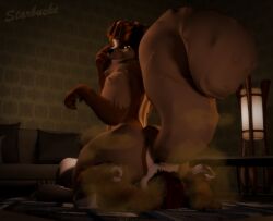 3d_(artwork) anthro ass big_butt big_tail brown_hair canid digital_media_(artwork) duo facesitting fart fart_cloud fart_fetish farting_in_mouth farting_on_another farting_on_face furniture hair hi_res lying male male/male mammal mephitid on_back on_ground sitting_on_another skunk sofa starbucke starbucke_(character) tail