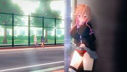 3d 3d_(artwork) 3girls ahoge akira_brave777 blush brown_hair character_request clothed condom condom_in_mouth condom_wrapper copyright_request exhibitionism female female_focus female_only inviting inviting_to_sex lace lace-trimmed_panties lace_trim light-skinned_female light_skin long_hair multicolored_hair panties pink_eyes pink_hair public public_indecency shirt skirt skirt_lift skirt_lifted_by_self skirt_up solo_focus tagme thigh_highs thighs underwear