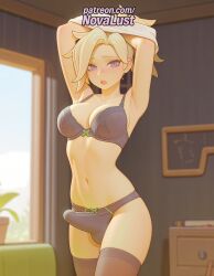 1boy 1futa 2025 ai_generated artist_name bed blonde_hair blurry blurry_background blurry_foreground bow_panties bra cock depth_of_field dick futanari hi_res high_quality high_resolution highres mercy navel novalust overwatch panties patreon patreon_username penis solo stable_diffusion thighhighs underwear watermark