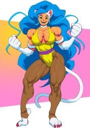 blue_hair breasts cat_ears catgirl darkstalkers felicia_(darkstalkers) female green_eyes large_breasts muscular muscular_female pokkuti tail thick_thighs tight_clothing