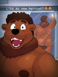 absurd_res anthro ass backsack balls bear benny_(bennyafterdark) big_butt blush butt_tattoo electronics genitals hi_res male mammal mirror moobs nipples nude phone reflection slightly_chubby smile smiley_face social_media solo tattoo tombutad