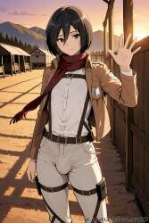 1boy ai_generated attack_on_titan belt black_hair bulge evening femboy genderswap_(ftm) jacket looking_at_viewer male male_only mikasa_ackerman open_jacket outdoors paradis_military_uniform rule_63 scarf shingeki_no_kyojin solo standing survey_corps_(emblem) suspenders tagme tehmar thigh_strap trap uniform waving white_pants