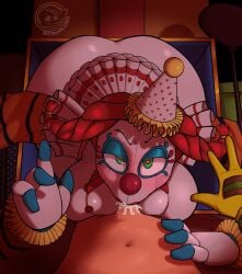 1girls animatronic big big_ass big_breasts big_butt clown_girl crying cum erection female_robot five_nights_at_freddy's fnaf fnaf_secrets_of_the_mimic jackie_(fnaf) mimic no_bra red_nose robot sucking the_mimic the_mimic_(fnaf) thick_ass white_body white_skin