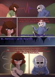 1boy 1girls balcony big_ass burn_scar burning_secrets chara charactober cigarette cigarette_in_mouth comic comic_page couch darky hi_res highres human human_female jacket massive_breasts one_eye_closed red_eyes rosy_cheeks sans self_harm_scars sfw skeleton slightly_chubby slightly_chubby_female smoking smoking_cigarette stare staredown striped_shirt voluptuous_female