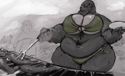 1boy 1girls anthro big_breasts curvy curvy_female doctordj gorilla grill grilling huge_breasts thick_thighs voluptuous voluptuous_female