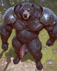 2025 4_toes alltro2 anthro armor balls bear biceps blind_eye claws deltoids digital_media_(artwork) digital_painting_(artwork) feet fur genitals glans grass hi_res high-angle_view male mammal muscular muscular_anthro muscular_male navel outside painting_(artwork) pauldron pecs penis pink_glans pink_penis plant rock scar solo standing thick_thighs toe_claws toes weapon