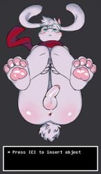 1boy anthro anus ass blush bovid butt_focus caprine cloudyhills0 colored deltarune dialogue english_text eyewear feet foot_focus foreskin full-length_portrait genitals glasses goat looking_at_viewer lying male male_only mammal nude on_back pawpads paws penis pink_pawpads portrait ralsei scarf shy slightly_chubby small_penis solo text uncircumcised undertale_(series)
