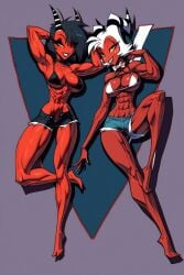 2girls abs ai_generated bare_arms bare_legs bare_shoulders bare_thighs big_breasts bikini bikini_top black_hair clothed clothing color demon demon_girl demon_horns demon_tail female fit_female genderswap_(mtf) gigiti helluva_boss hi_res imp jean_shorts large_breasts laying_down looking_at_viewer millie_(helluva_boss) moxxie_(helluva_boss) muscles muscular muscular_female red_body red_skin rule_63 short_hair tagme thick_thighs white_hair