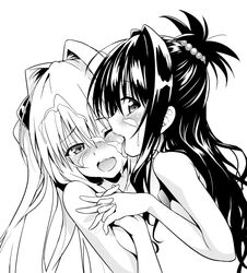 2girls blonde_hair blush cum cum_on_face facial female female_only hair_bobbles hair_ornament hand_holding konjiki_no_yami licking long_hair looking_at_viewer monochrome multiple_girls shin_(sin-maniax) to_love-ru yuuki_mikan