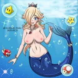1girls archlord_haku breasts cheep_cheep cosplay female large_breasts luma mario mario_(cosplay) mario_(series) mermaid monster_girl mushroom nintendo nude princess_rosalina star super_mario_galaxy underwater