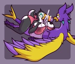 absurd_res anthro ass avian beak big_beak big_breasts big_butt big_penis bird black_body black_feathers blush bodily_fluids boxers_(clothing) bra breast_play breasts bulge claws clothing clothing_bulge countershade_tail countershade_torso countershading cum cum_in_clothing cum_in_underwear cum_on_beak cum_on_breasts cum_through_clothing cum_through_underwear cumshot detailed_bulge ejaculation erection erection_under_clothing eyeshadow feathers feet female genital_fluids genital_outline genitals gold_eyeshadow grey_boxers grey_clothing grey_underwear gryphon hi_res ikakins kestrel_(ichlamogeneralhukari) looking_at_another looking_at_cumshot looking_at_partner looking_pleasured makeup male male/female multicolored_body mythological_avian mythological_creature mythology panties pawpads paws penis penis_outline pink_bra pink_clothing pink_panties pink_pawpads pink_underwear purple_body purple_eyes purple_feathers sex spread_toes spread_wings tail tail_claws teal_eyes teal_eyeshadow tenting thick_thighs through_clothing titfuck_over_clothes titfuck_under_clothes titjob toes toucan two_tone_body two_tone_tail underwear wet wet_bra wet_clothing wet_underwear white_body white_sclera wings yellow_beak yellow_body yellow_feathers