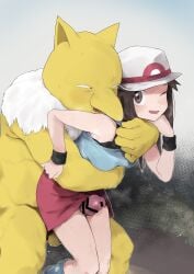 1boy absurdres bar_censor brown_eyes brown_hair censored commentary_request female hand_on_another's_wrist hand_up hat highres hug hug_from_behind hypno interspecies leaf_(pokemon) mochimochi_momo one_eye_closed open_mouth penis pokemon pokemon_(creature) pokemon_frlg pokephilia red_skirt shirt skirt sleeveless sleeveless_shirt smile socks textless_version thigh_sex white_hat wristband