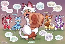 2d 2d_(artwork) 5girls anthro anthrofied berry_(cobatsart) breasts capcom cat cat_girl cobatsart crying dialogue dialogue_bubble felyne female huge_boobs huge_breasts huge_hips jennifur_(cobatsart) molestation monster_hunter multicolored_text palico rella_(cobatsart) scarlet_(cobatsart) smug_face tagme text text_bubble video_games vile_(cobatsart) visible_nipples