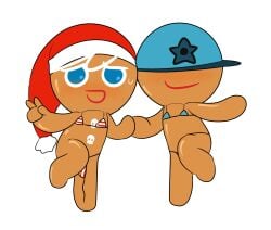 2boys baseball_cap bikini bikini_bottom bikini_top blue_eyes blushing blushing_at_viewer boy brown_body cap cookie cookie_run cookie_run:_tower_of_adventures cookie_run_kingdom cookie_run_ovenbreak devsisters duo duo_male gay gay_male gingerbrave gingerbread_cookie gingerbread_man holding_hands kuwoesque male male_only peace_sign santa_hat skater_cookie skull_ornament skull_symbol sweat sweatdrop sweating sweaty white_hair yaoi