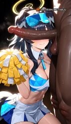 1boy ai_generated animal_ears black_hair blue_eyes blush breasts censored cheerleader closed_mouth clothed_female_nude_male dog_ears dog_girl erection eyewear_on_head female goggles goggles_on_head halo heart hibiki_(blue_archive) hibiki_(cheer_squad)_(blue_archive) holding interracial large_breasts large_penis long_hair meitabuu nude official_alternate_costume penis penis_awe penis_on_face penis_over_eyes skirt smile solo_focus straight tail testicles veins veiny_penis yellow_halo